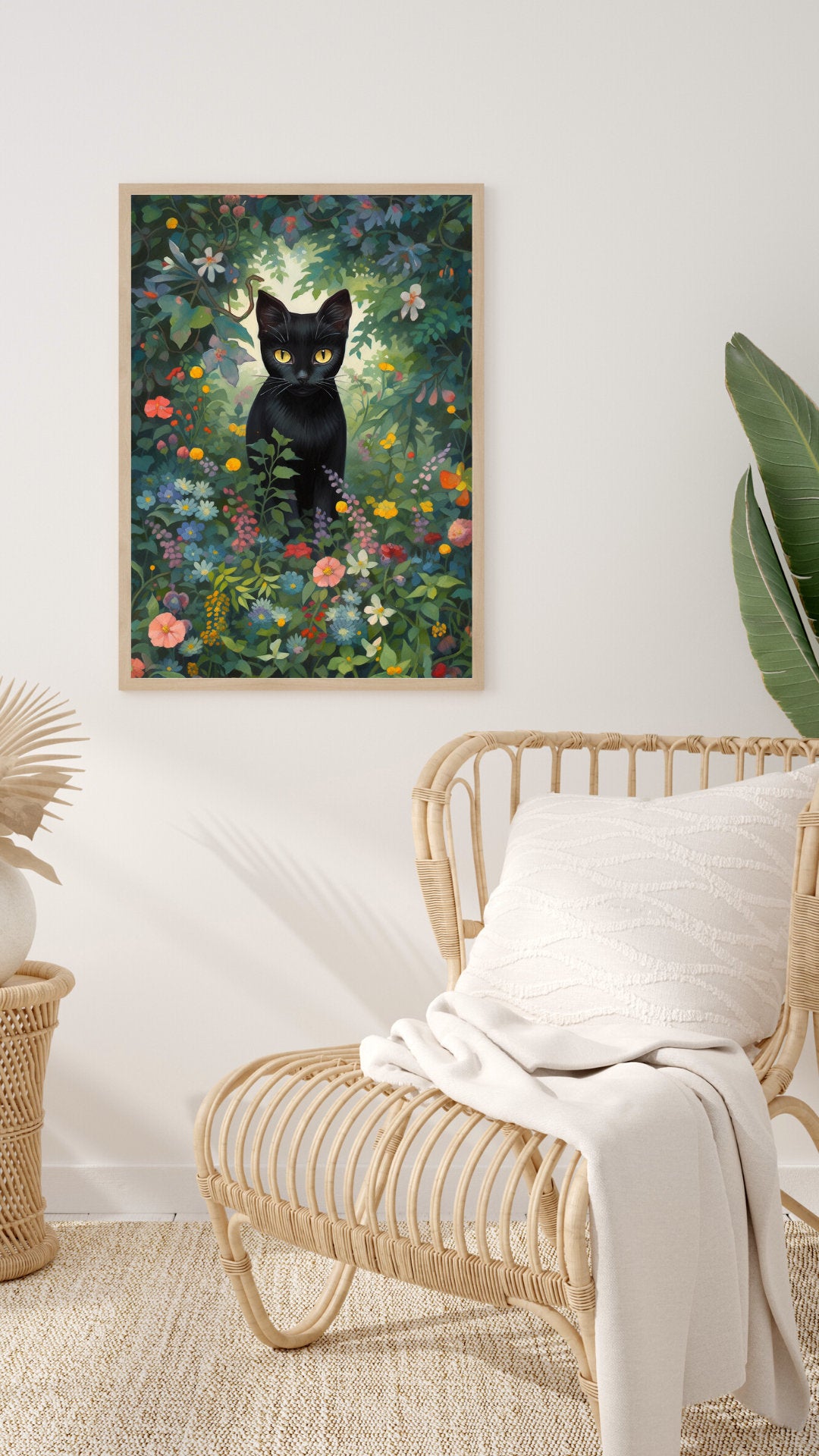 Mystic Garden Watcher - Botanical Art Print, Cat Lover Gift