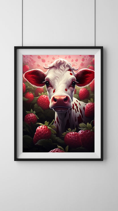 Strawberry Fields Forever - Charming Cow Amidst Berries Art Print