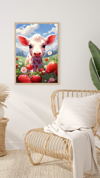 Strawberry Fields Forever - Charming Cow Amidst Berries Art Print