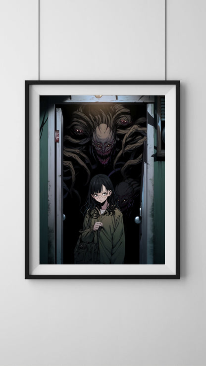 Threshold of Terror - Anime Girl and Monstrous Entity Art Print