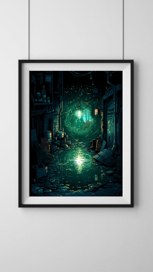 Retro Digital Depths - 8-Bit Pixel Sewer Cave Art Print