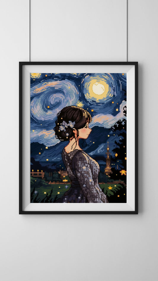 Starry Pixel Elegance - 8-Bit Woman Gazing at Night Sky Art Print