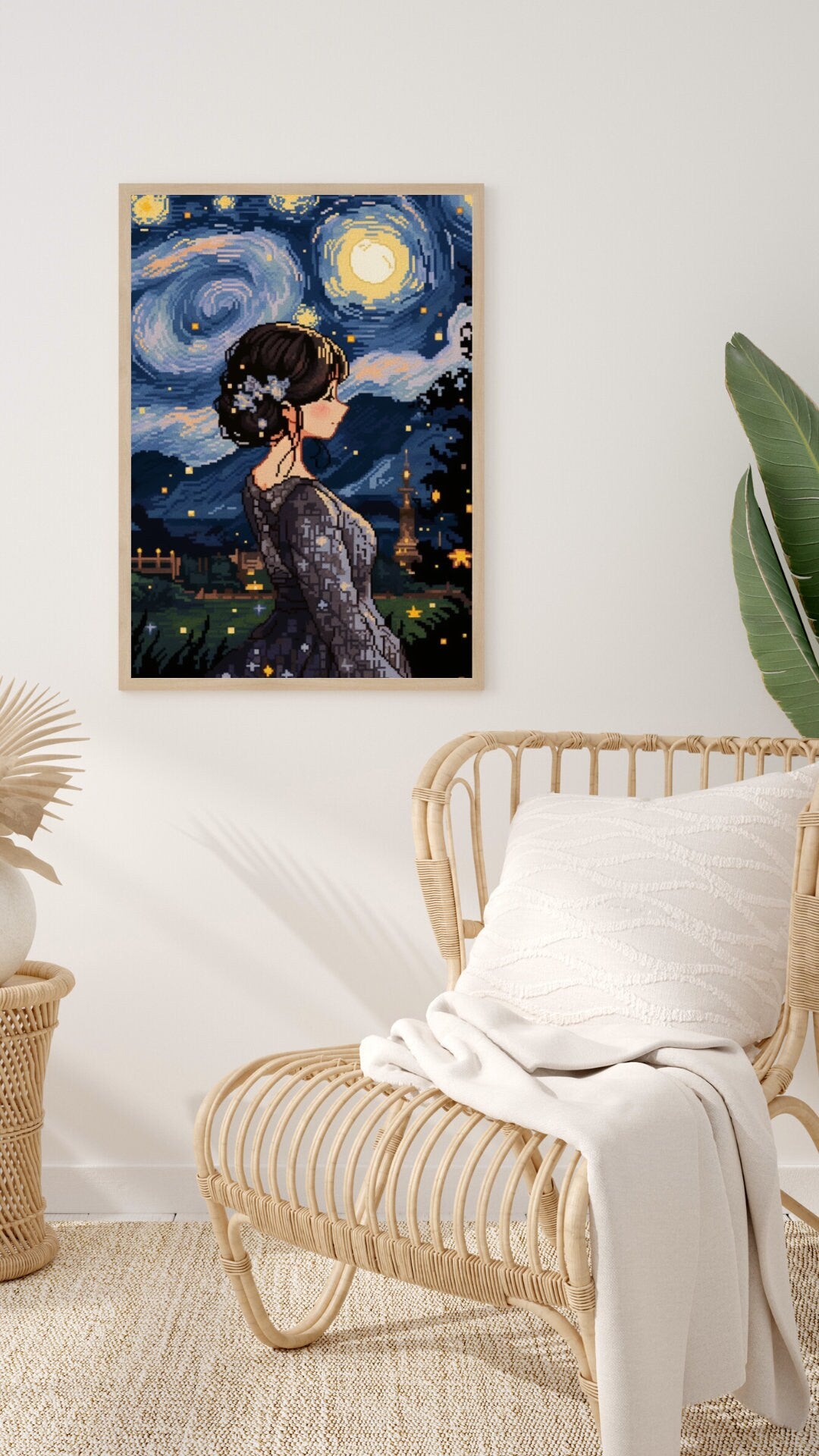 Starry Pixel Elegance - 8-Bit Woman Gazing at Night Sky Art Print