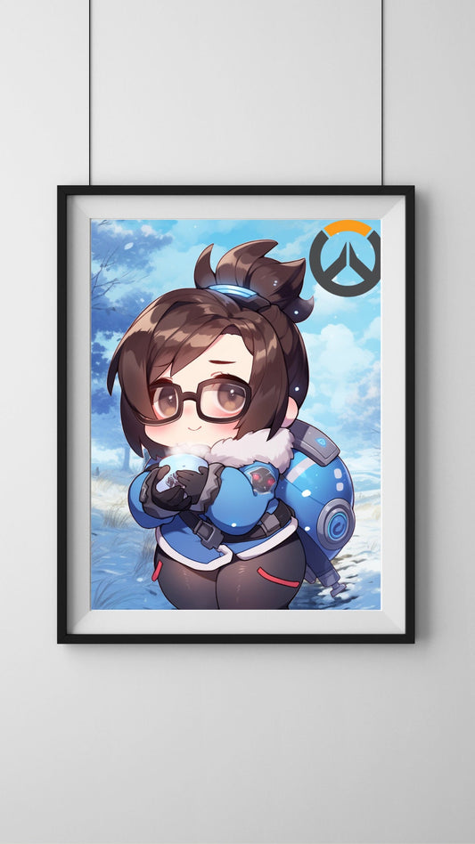 Chilly Adventures: Adorable Chibi Character in Blue Parka Art Print