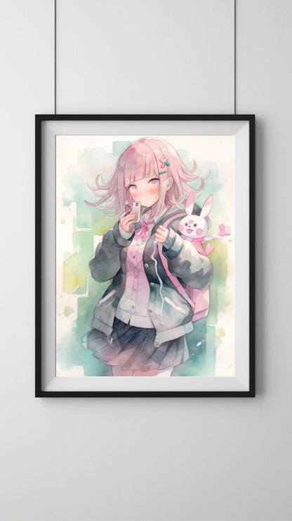 Pastel Gamer - Watercolor-Inspired Art Print of a Girl with Pink Hair, Waifu