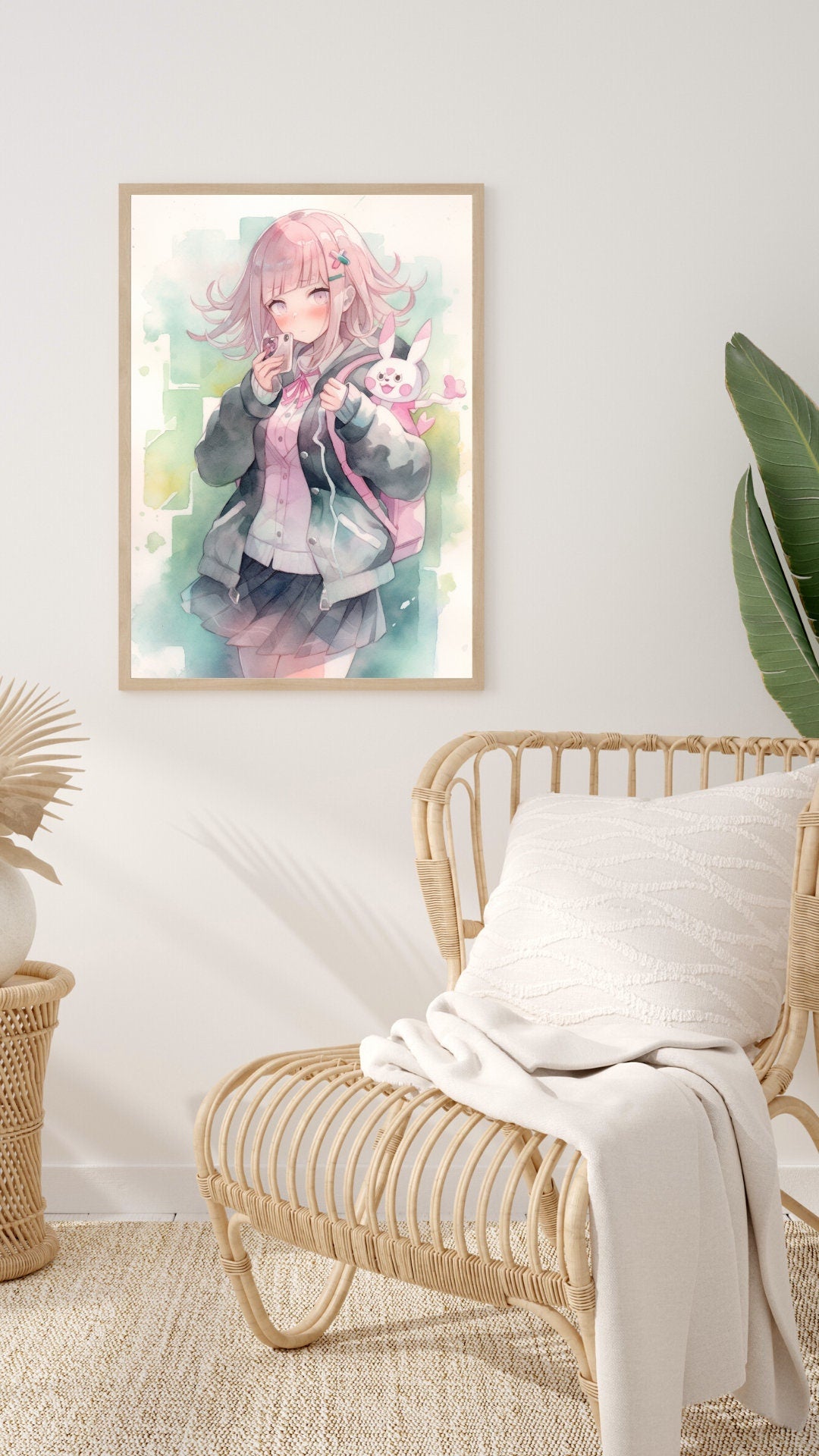 Pastel Gamer - Watercolor-Inspired Art Print of a Girl with Pink Hair, Waifu