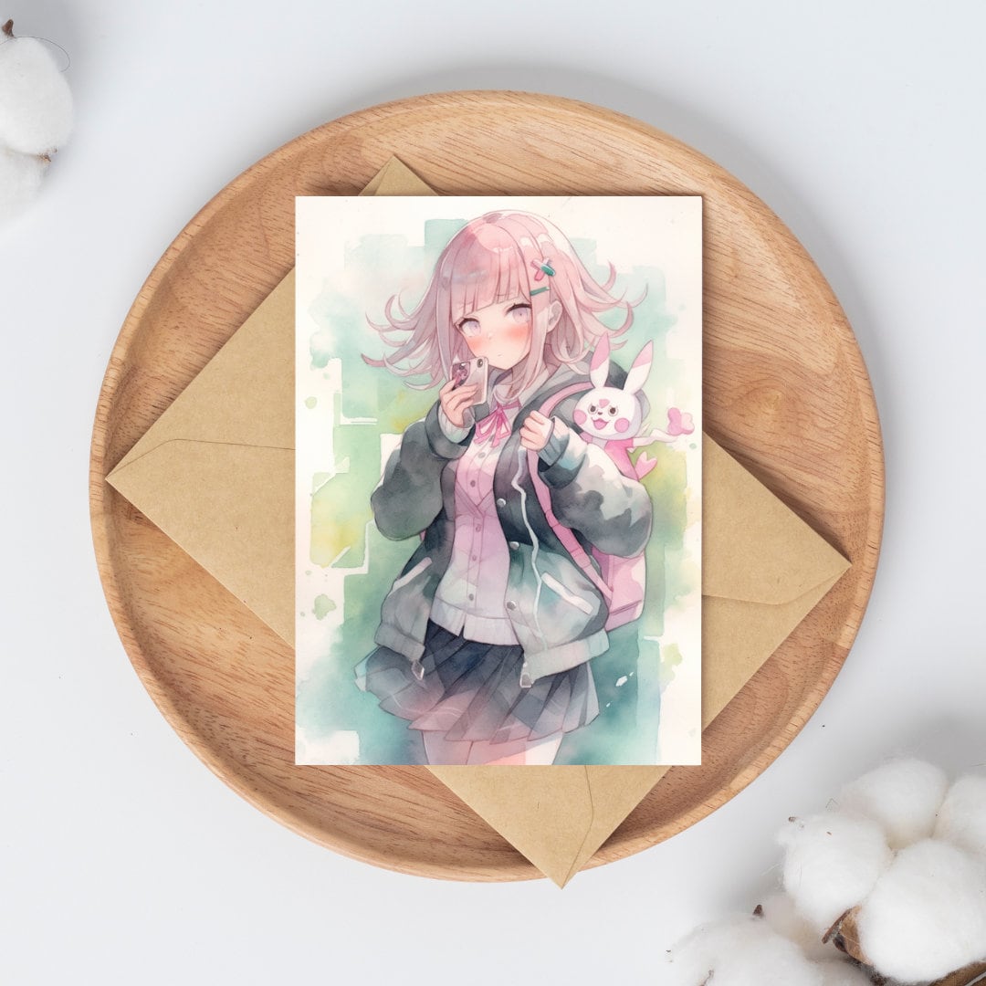 Pastel Gamer - Watercolor-Inspired Art Print of a Girl with Pink Hair, Waifu