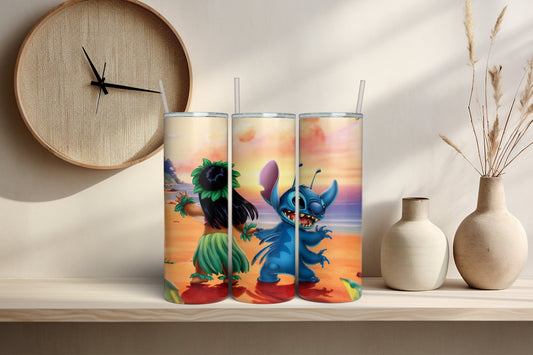 Alien Ohana 20 oz Skinny Tumbler - Tropical Adventure Design - Insulated Cup for Animated Movie Fans