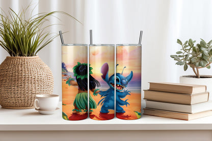 Alien Ohana 20 oz Skinny Tumbler - Tropical Adventure Design - Insulated Cup for Animated Movie Fans