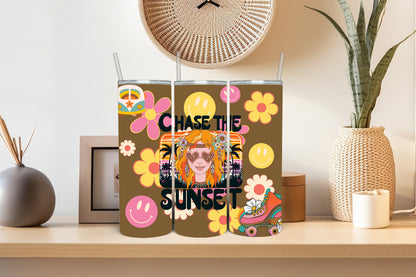 Hippie Girl Retro-Style 20 oz Tumbler Cartoon Flower And Smileys Logo Cup