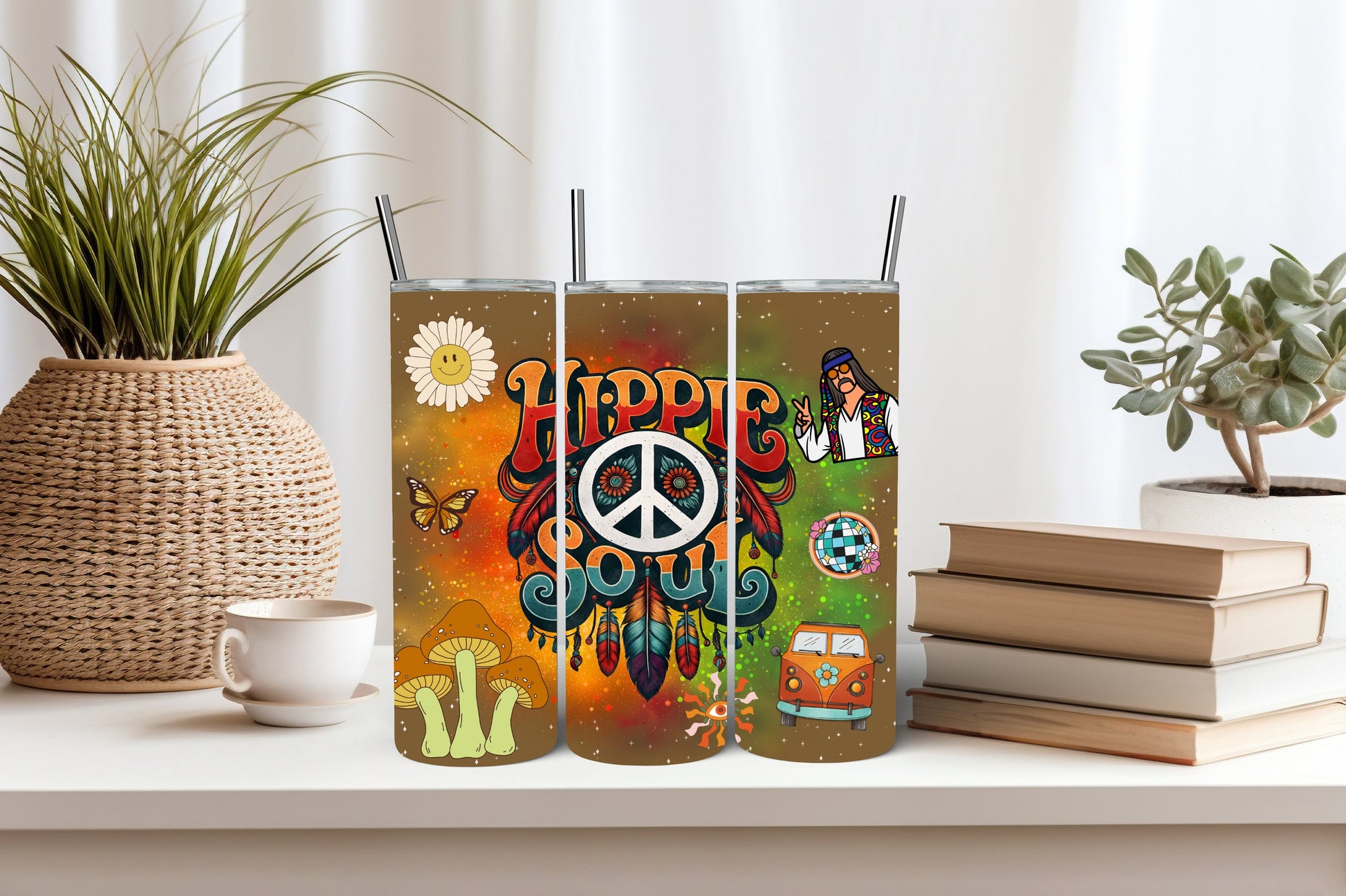 Hippie 20 oz Tumbler - Vibrant Embrace of Peace and Love - Dream Catcher, Cartoon Mushrooms And Retro Logos Cup