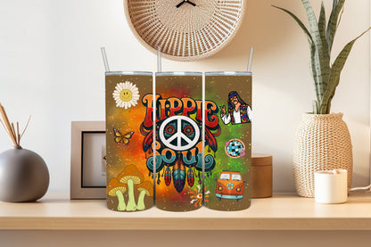 Hippie 20 oz Tumbler - Vibrant Embrace of Peace and Love - Dream Catcher, Cartoon Mushrooms And Retro Logos Cup