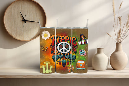 Hippie 20 oz Tumbler - Vibrant Embrace of Peace and Love - Dream Catcher, Cartoon Mushrooms And Retro Logos Cup