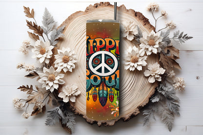 Hippie 20 oz Tumbler - Vibrant Embrace of Peace and Love - Dream Catcher, Cartoon Mushrooms And Retro Logos Cup