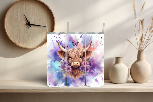 Whimsical Highland Cow 20 oz Tumbler - Watercolor Splash Travel Cup - Cow Lover Gift for Her