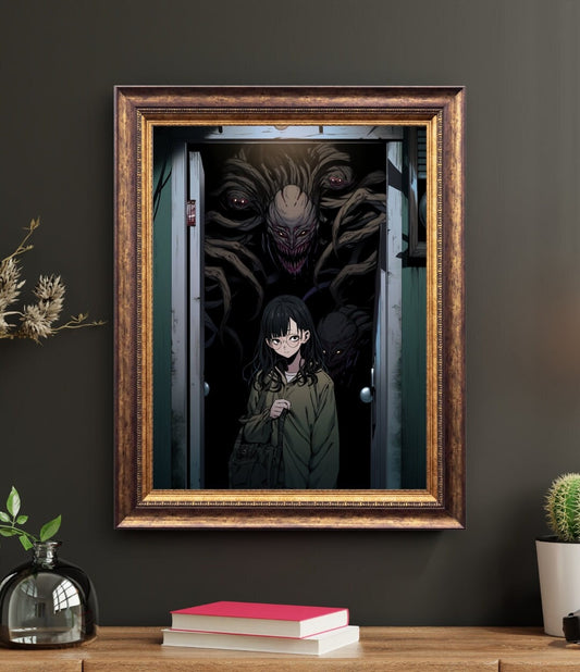 Threshold of Terror - Anime Girl and Monstrous Entity Art Print