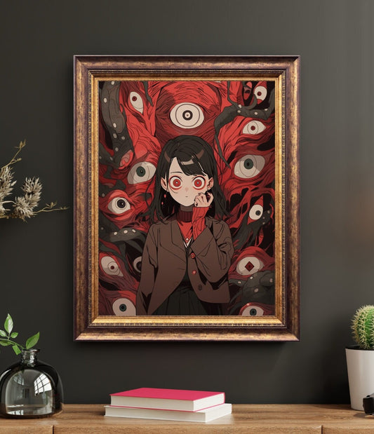 Gaze of the Abyss - Haunting Anime Girl and Watchful Eyes Art Print