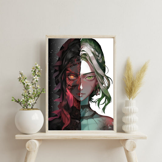 Divided Essence: Human and Dragon Demon Fusion Art Print - Split Face Wall Decor Poster