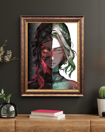 Divided Essence: Human and Dragon Demon Fusion Art Print - Split Face Wall Decor Poster