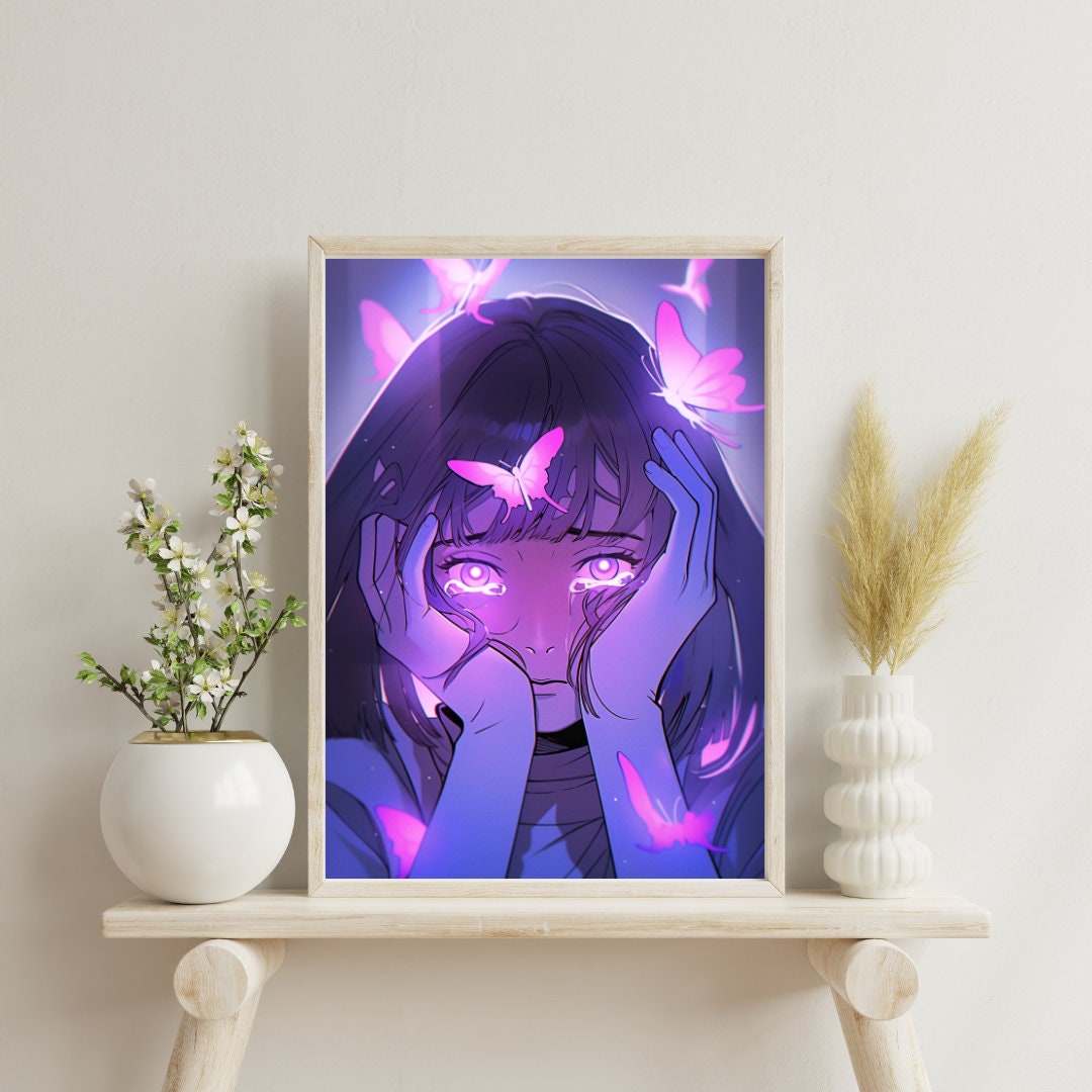 Sorrow's Embrace: Anime Girl with Butterflies Art Print