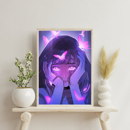 Sorrow's Embrace: Anime Girl with Butterflies Art Print