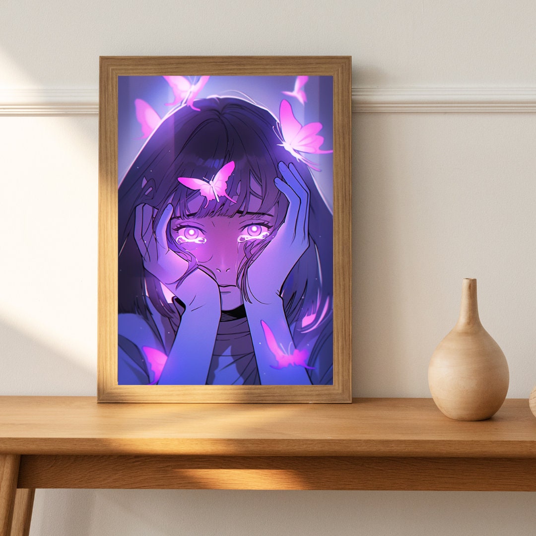 Sorrow's Embrace: Anime Girl with Butterflies Art Print