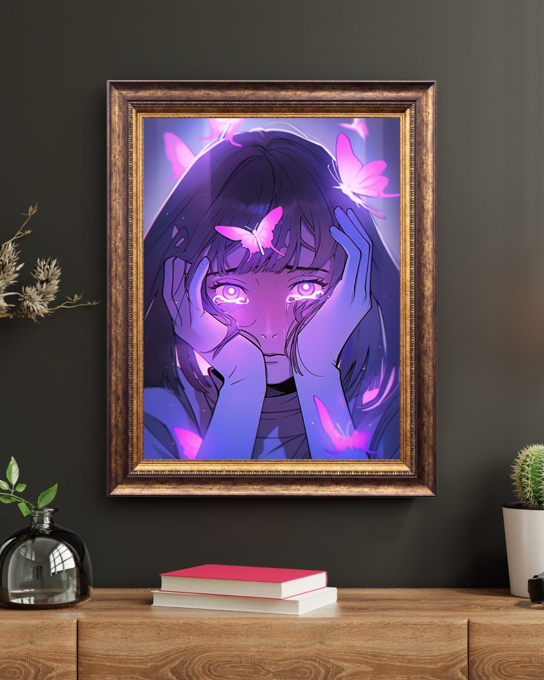 Sorrow's Embrace: Anime Girl with Butterflies Art Print