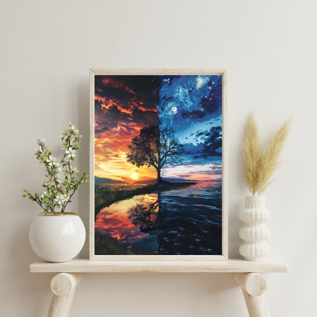 Eternal Contrast: Day and Night Lakeside Art Print - Lake Wall Decor