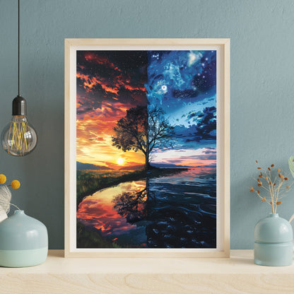 Eternal Contrast: Day and Night Lakeside Art Print - Lake Wall Decor