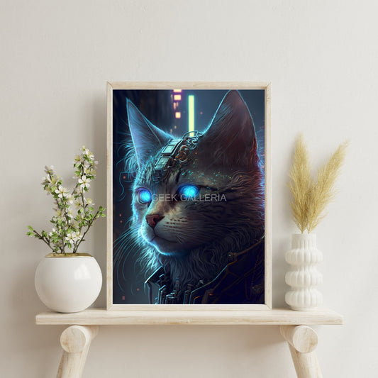 Cyberpunk Cat, Glowing Eyes, 11x17 Inches, Art Print, Cat Lover Gift