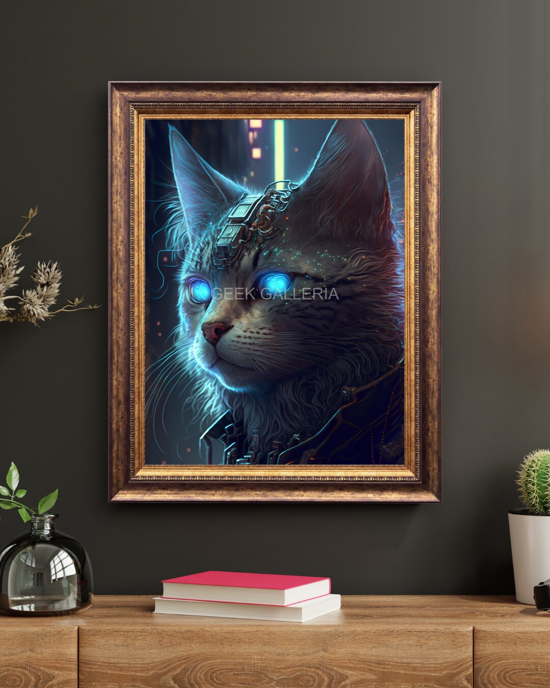 Cyberpunk Cat, Glowing Eyes, 11x17 Inches, Art Print, Cat Lover Gift