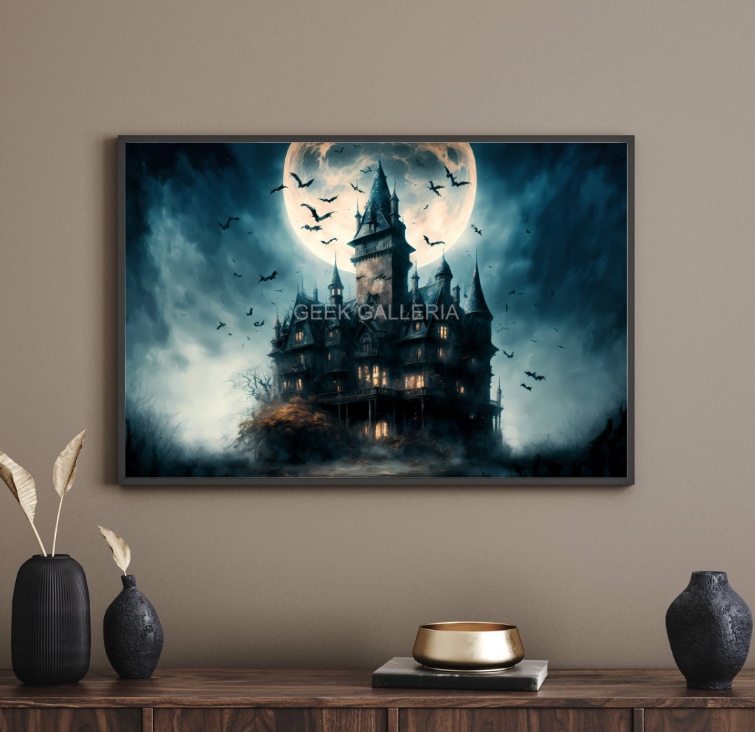 Haunted Mansion Under the Full Moon, Art Print, Spooky, Scary, Halloween Decor, Vintage