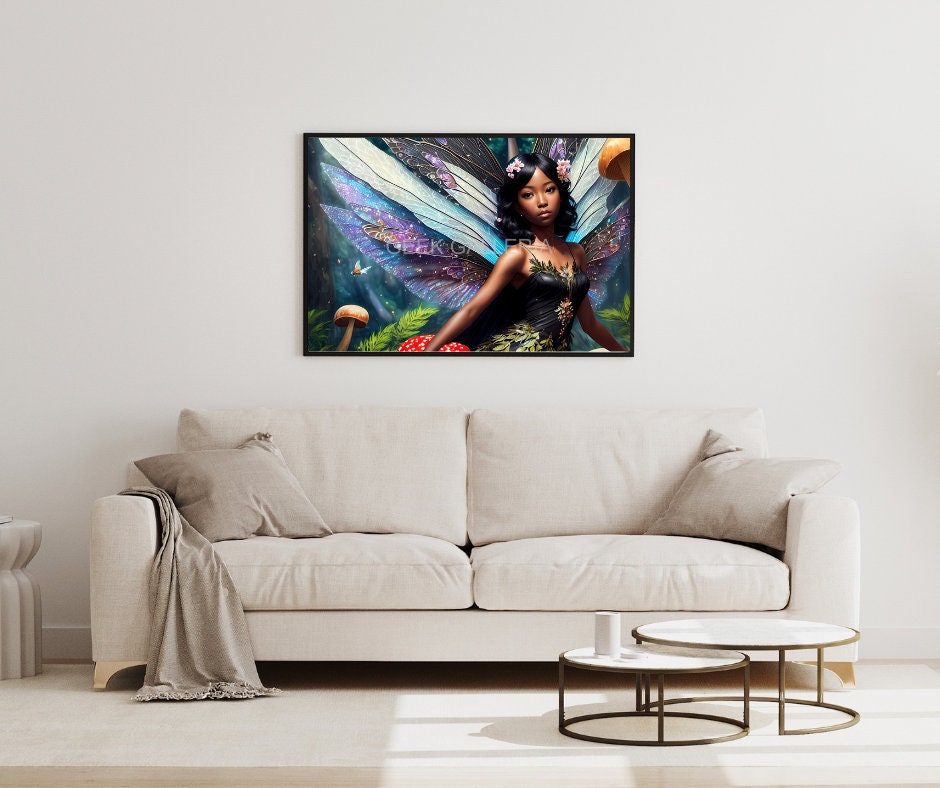 Black Fairy with Vibrantly Colored Wings and Floral Accents, 17x11 Inches, Art Print, Fantasy