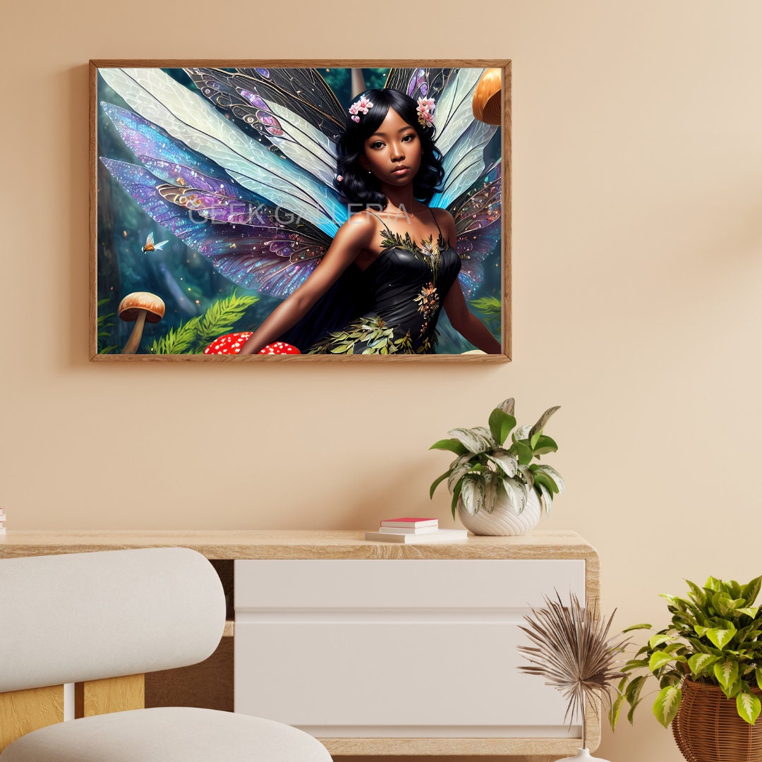 Black Fairy with Vibrantly Colored Wings and Floral Accents, 17x11 Inches, Art Print, Fantasy