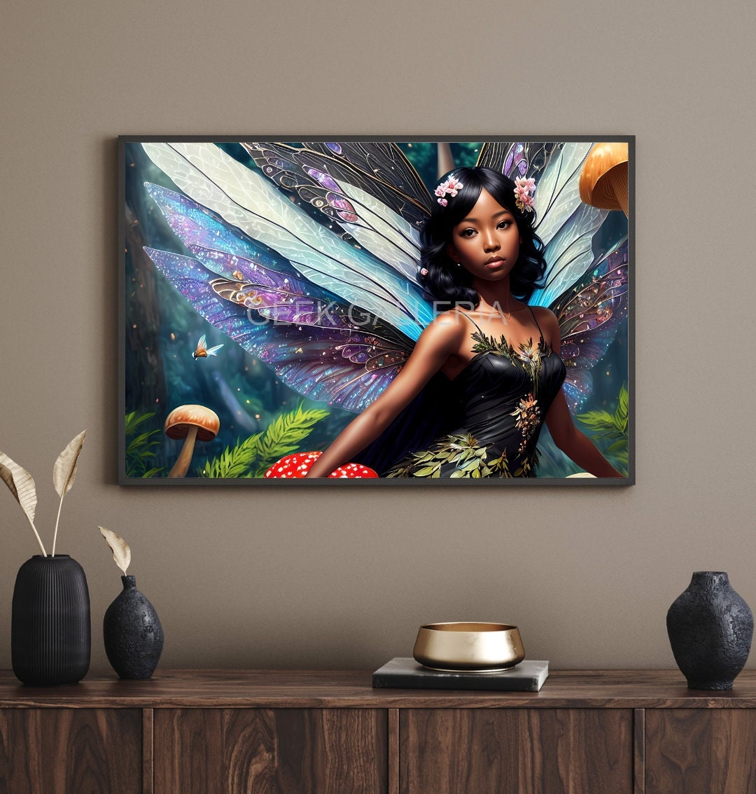 Black Fairy with Vibrantly Colored Wings and Floral Accents, 17x11 Inches, Art Print, Fantasy