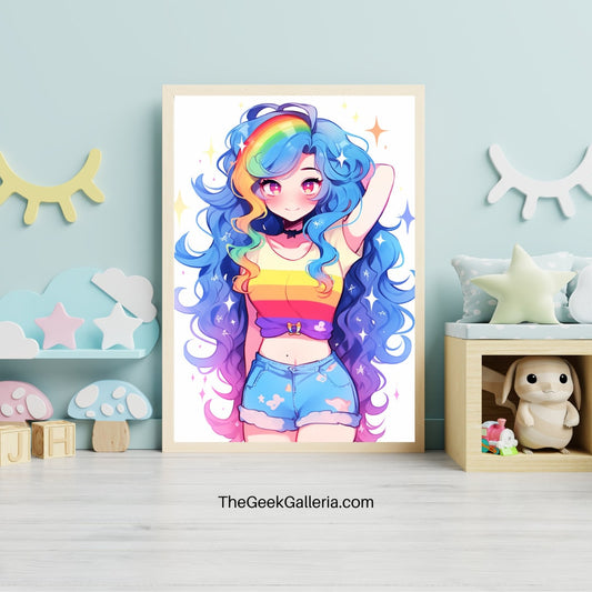 Vibrant Rainbow-Hued Anime Girl Art Print