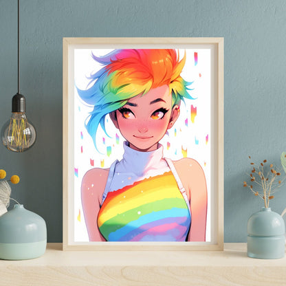 Lively Anime Girl with Rainbow Hair Art Print