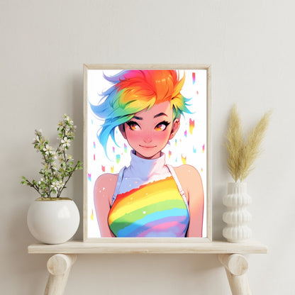 Lively Anime Girl with Rainbow Hair Art Print