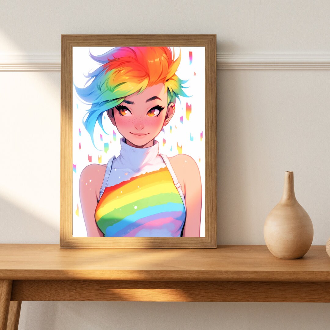 Lively Anime Girl with Rainbow Hair Art Print