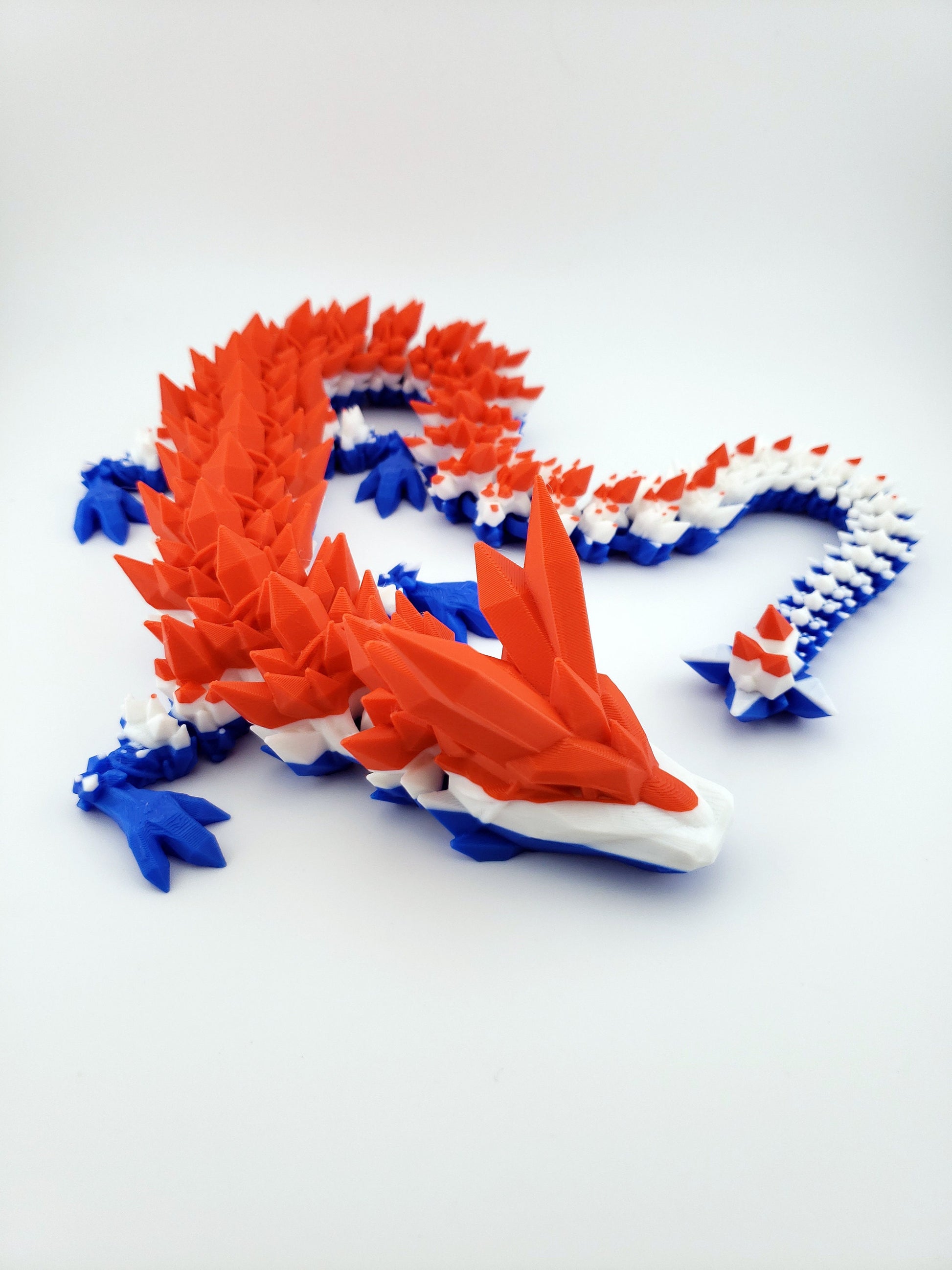 24 Inch Articulated American Flag Crystal Dragon - Sensory Toy - Unique Gift - Stress - Fidget - Patriot 4th Of July - Red, White and Blue