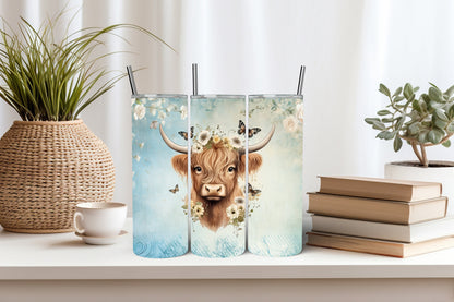 Serene Highland Cow 20 oz Tumbler - Floral Soft Blue Background Travel Cup - Cow Lover Gift for Her