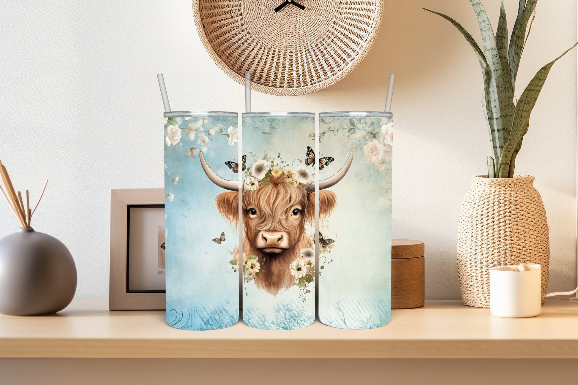 Serene Highland Cow 20 oz Tumbler - Floral Soft Blue Background Travel Cup - Cow Lover Gift for Her