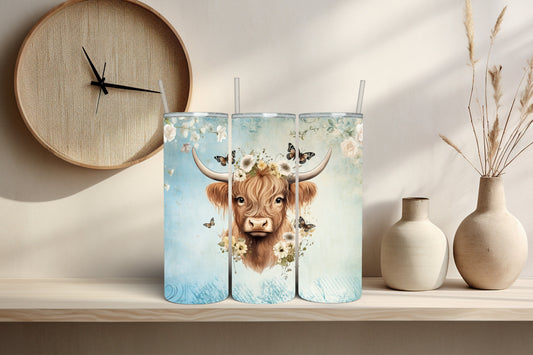 Serene Highland Cow 20 oz Tumbler - Floral Soft Blue Background Travel Cup - Cow Lover Gift for Her