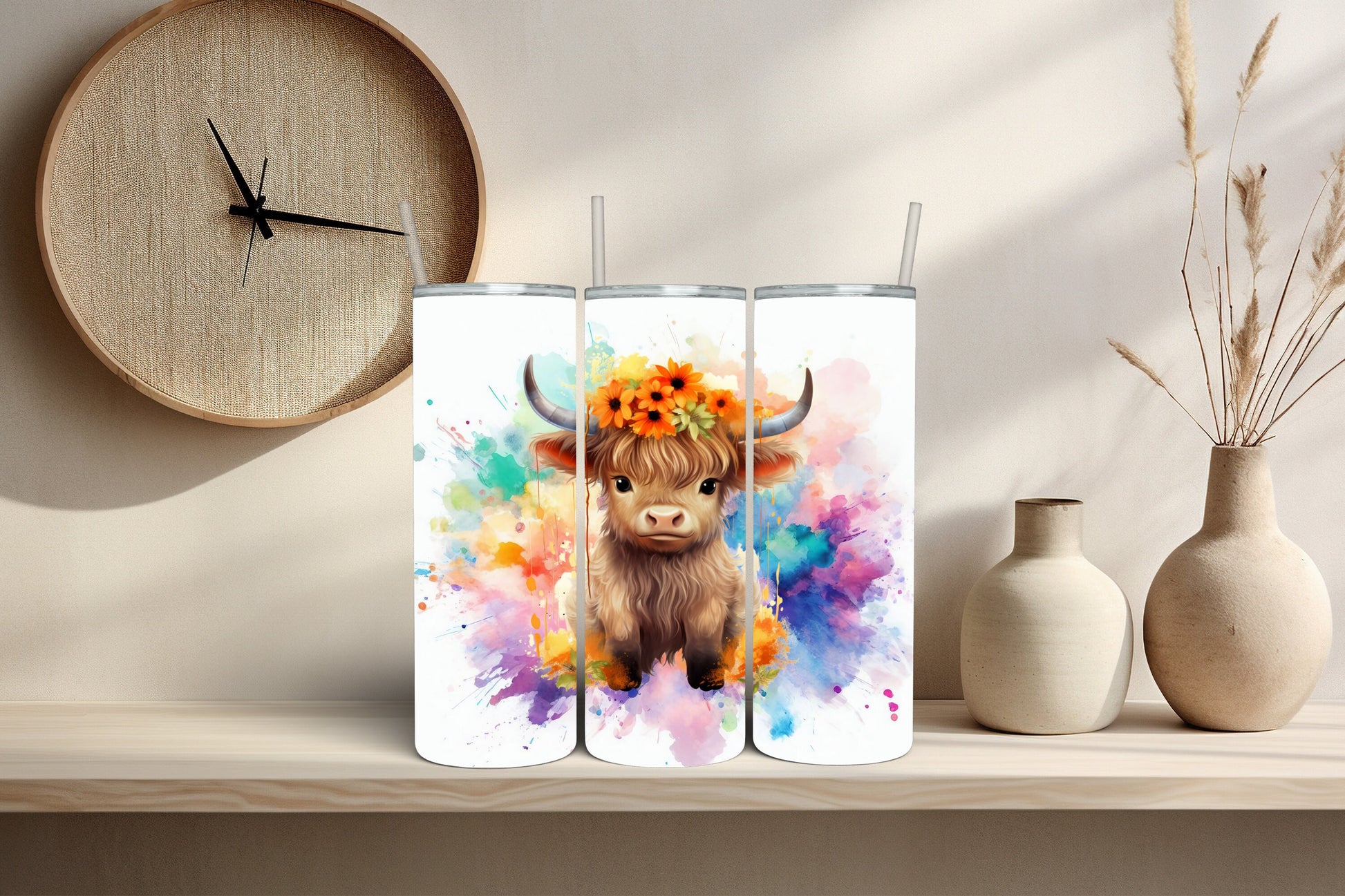 Baby Highland Cow & Rainbow Splash 20 oz Tumbler - Whimsical Watercolor Travel Cup
