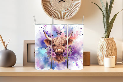 Whimsical Highland Cow 20 oz Tumbler - Watercolor Splash Travel Cup - Cow Lover Gift for Her