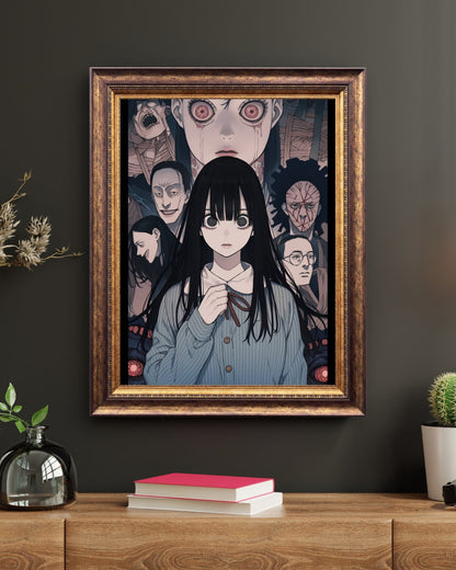 Eerie Lineage - Anime Girl with Macabre Family Portrait Art Print