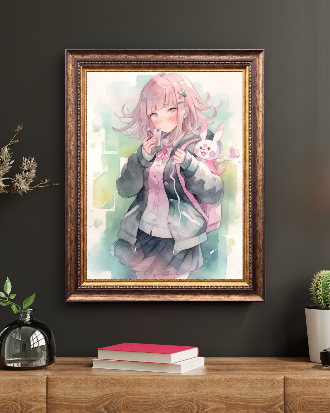 Pastel Gamer - Watercolor-Inspired Art Print of a Girl with Pink Hair, Waifu