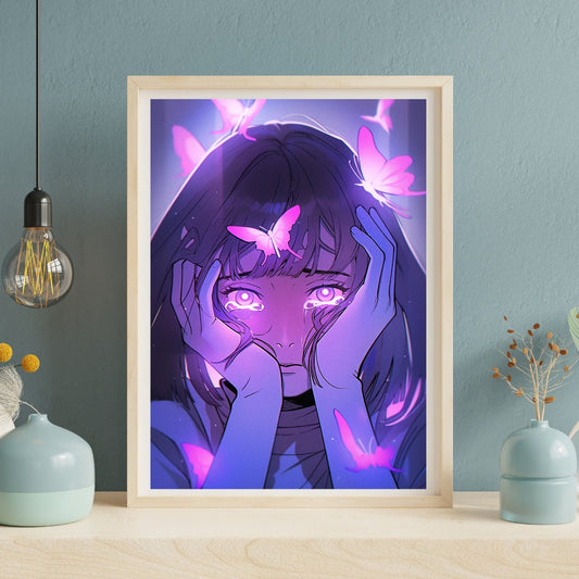 Sorrow's Embrace: Anime Girl with Butterflies Art Print