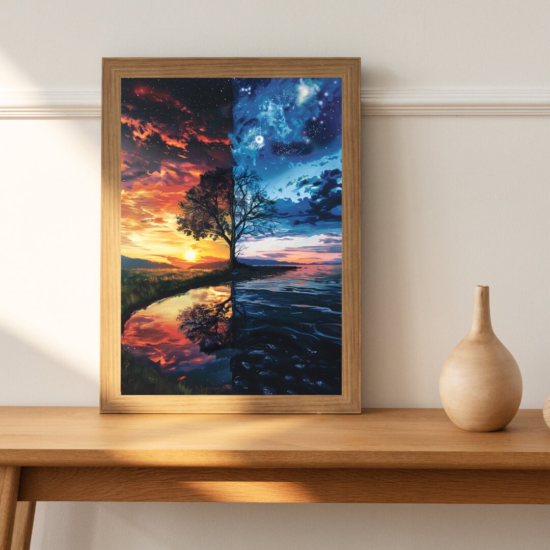 Eternal Contrast: Day and Night Lakeside Art Print - Lake Wall Decor