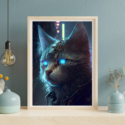 Cyberpunk Cat, Glowing Eyes, 11x17 Inches, Art Print, Cat Lover Gift